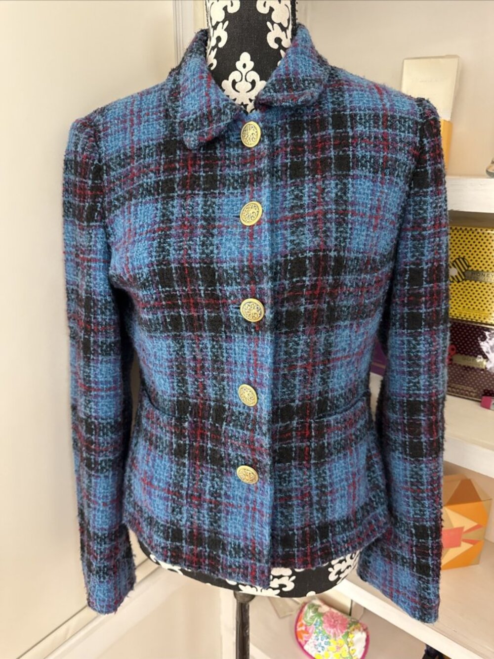 Susan Bristol Women’s 6 Jacket Boucle Plaid Big Gold Buttons Preppy Old Money